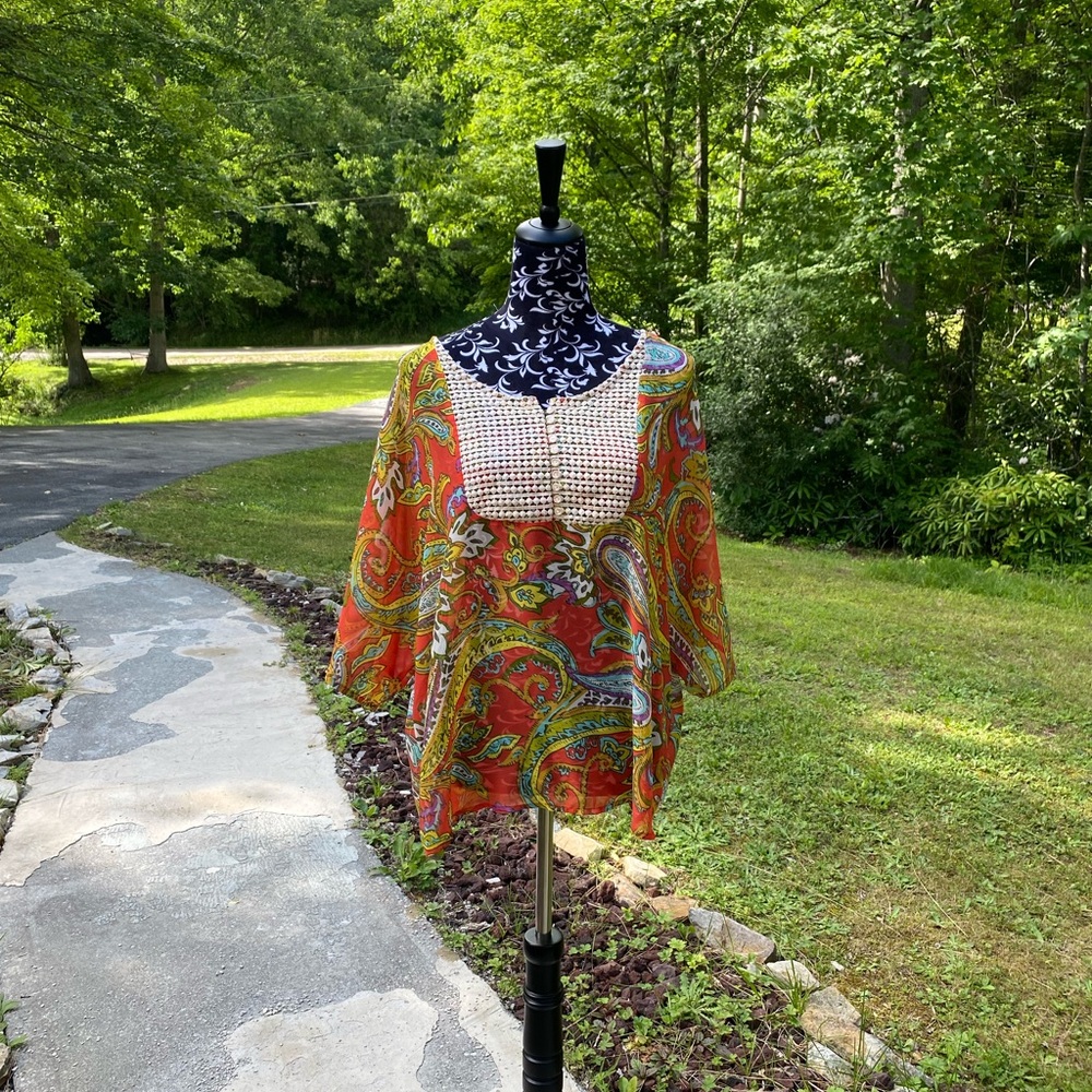 New Directions Weekend Women's Vintage Crochet Shear Multi-Color Blouse Size XL - Picture 3 of 10